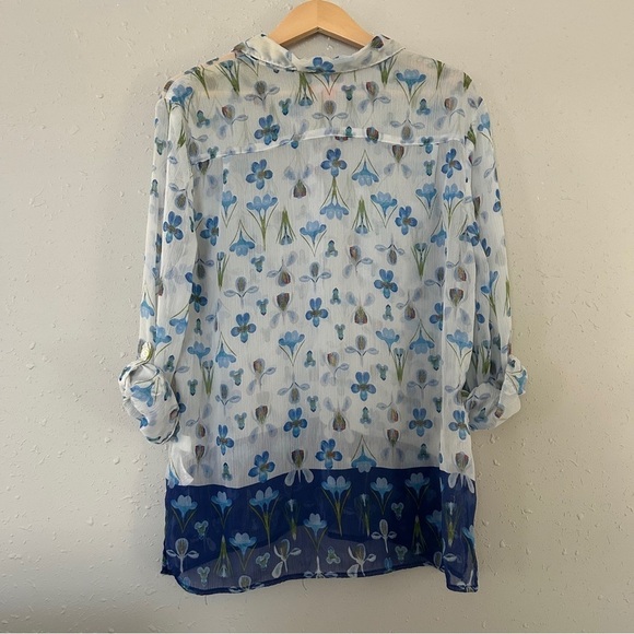 🦋 Joe Fresh White Blue Floral Lightweight Button Down Blouse Casual XL - Picture 4 of 6